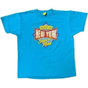 VINTAGE 90s SINGLE-STITCHED NEW YORK  MANHATTAN T-SHIRT GREENISH BLUE